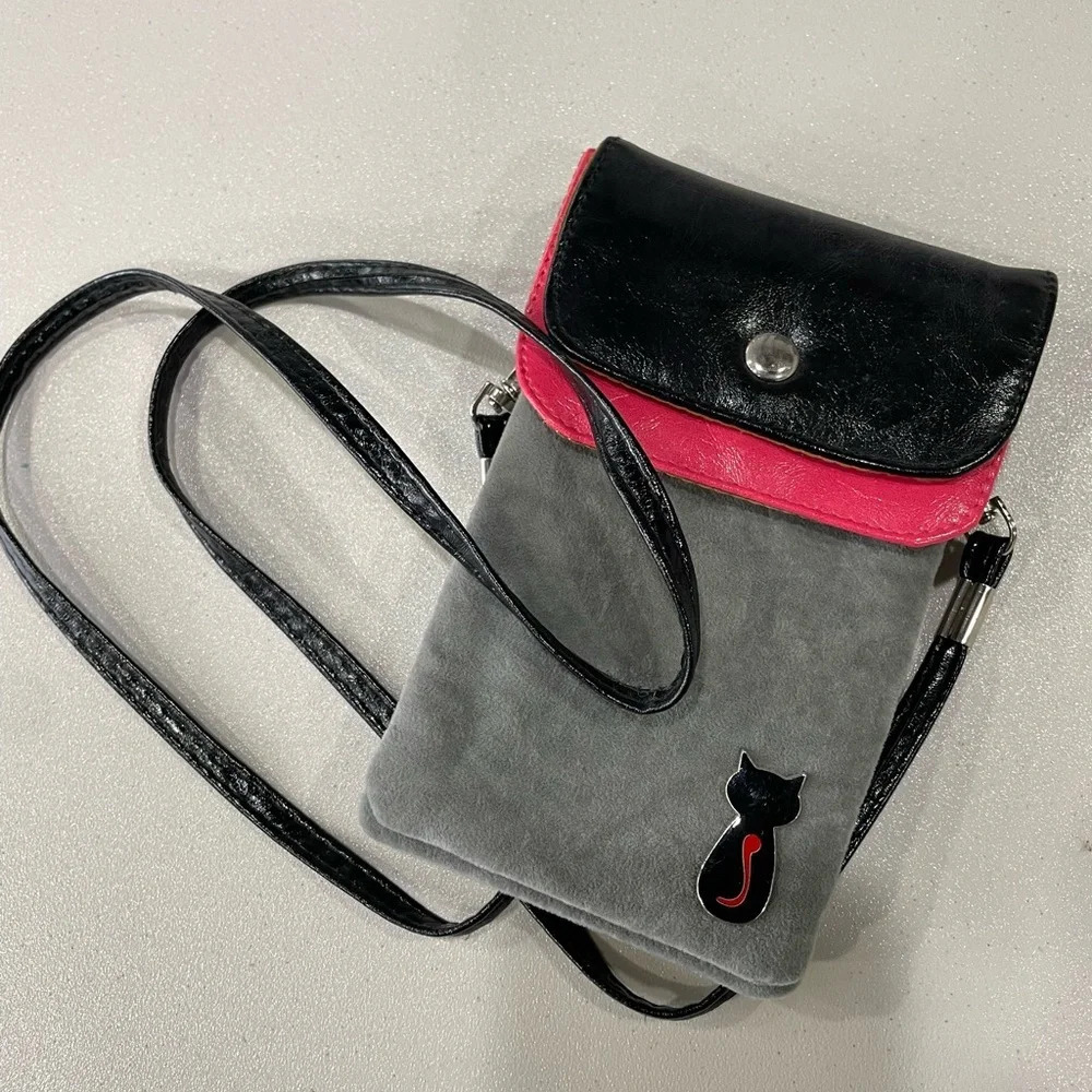 Cute Black Cat Kitty Purse - Grey and Pink